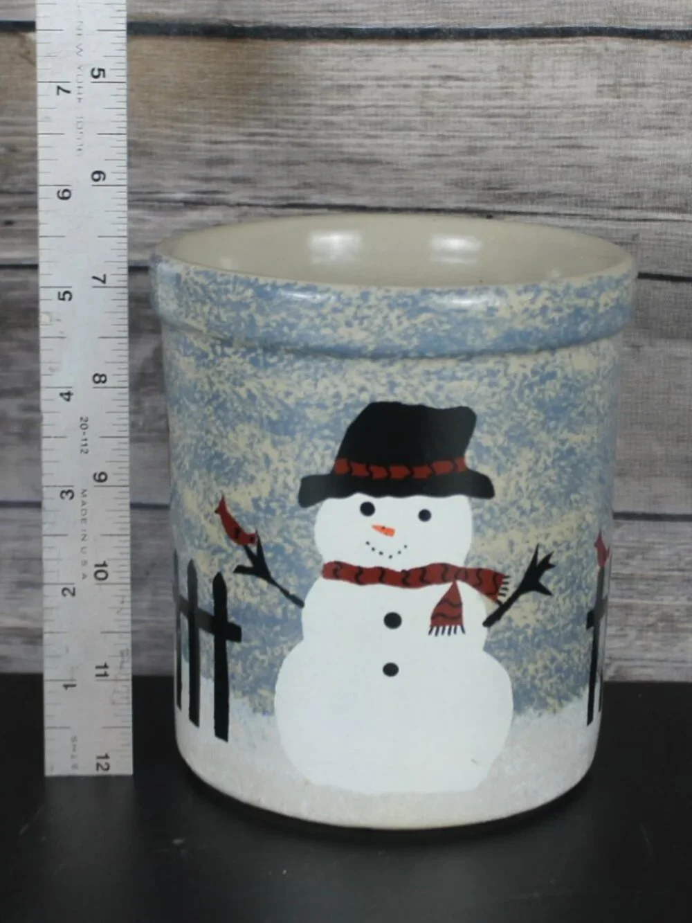 Vintage R.R.P. Co. Roseville Ohio Snowman Stenciled Stoneware Crock Jar 1994